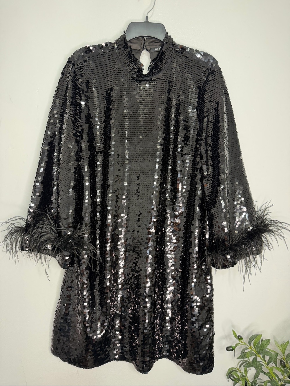 NWOT UNGARO Black Sequin Dress with Feather Cuffs